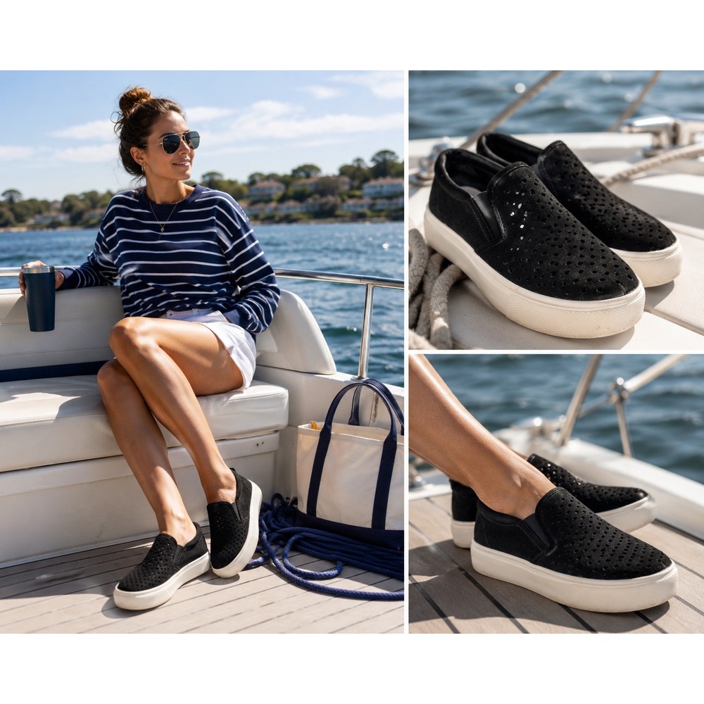 Steve Madden Women's Black Perforated Slip-On Platform Sneakers Casual Size 8